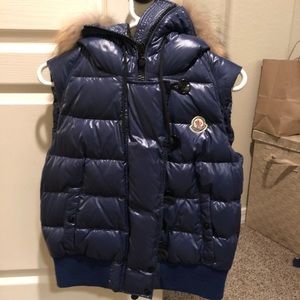 Never worn high quality Navy Moncler vest w/ hood
